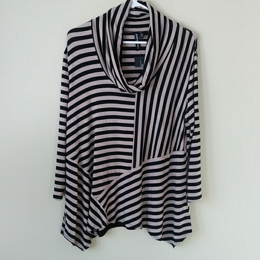 NWT Zoe + Phoebe Cowl Stripe Asymmetrical Tunic Top L Black Tan